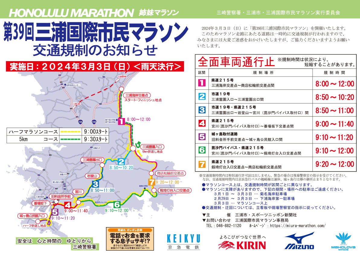 三浦国際市民マラソン 交通規制のお知らせ